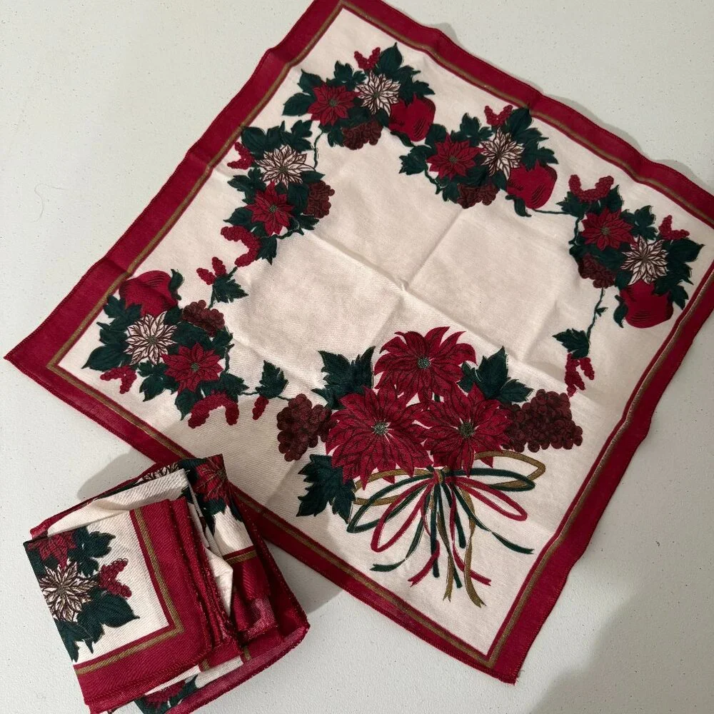 Vintage Holiday Poinsettia Napkin Set | Red & Green Floral | Set of 6